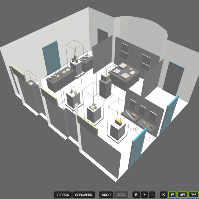 Virtuelle Darstellung eines kompletten Ausstellungsraumes im 3D-Editor.